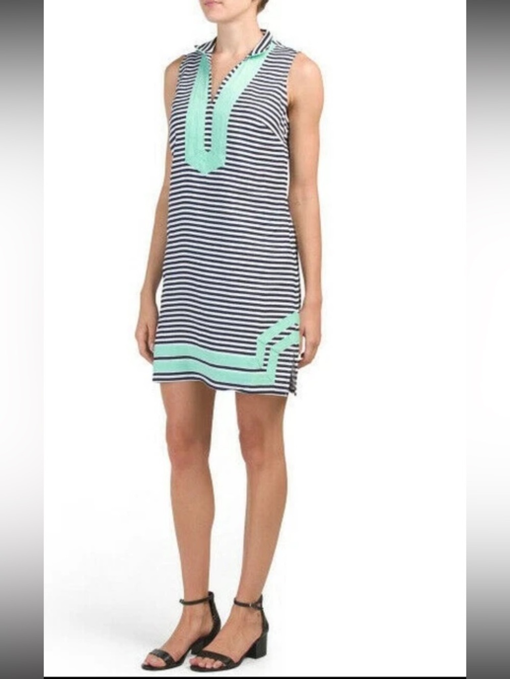 SAIL TO SABLE Linen Classic Sleeveless TUNIC DRESS Navy Stripe Mint M